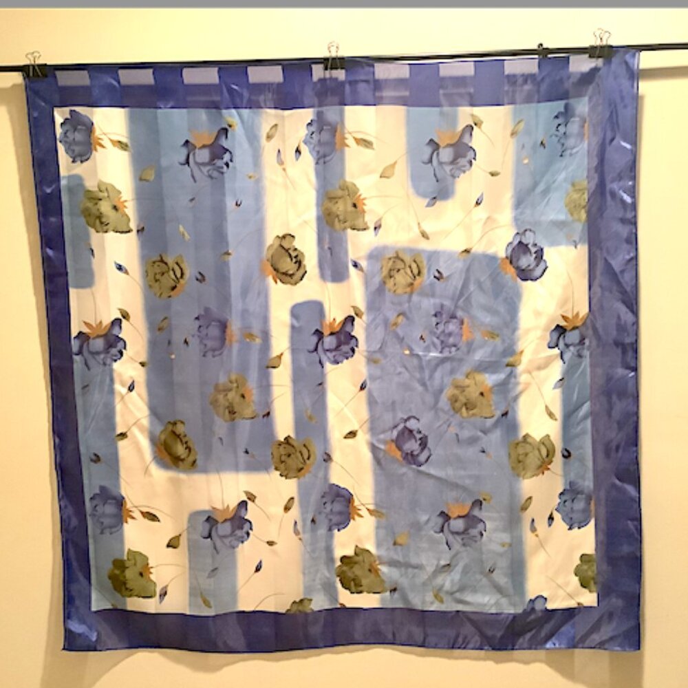 Blue and white floral scarf, 100% poly-acetate blend, 37.5 inches x 37 inches